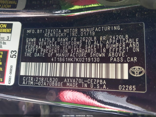 4T1B61HK7KU219130 Toyota CAMRY XSE