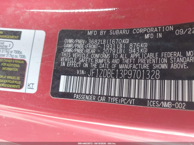 Продаж на аукціоні авто 2023 Subaru Brz Limited, vin: JF1ZDBE13P9701328, номер лоту: 44833072
