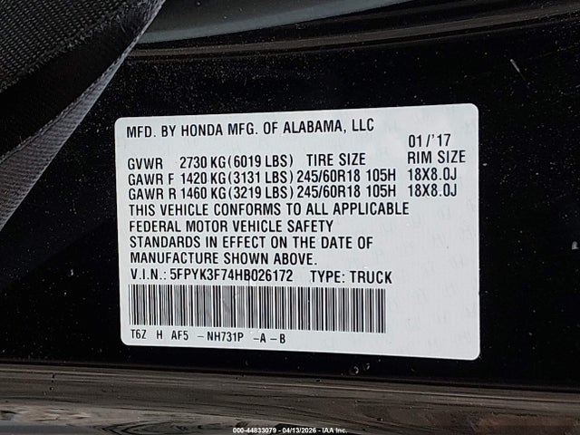 5FPYK3F74HB026172 Honda Ridgeline Rtl-e