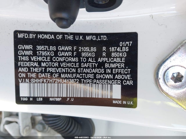 Продаж на аукціоні авто 2017 Honda Civic Ex-l, vin: SHHFK7H72HU413872, номер лоту: 44833083
