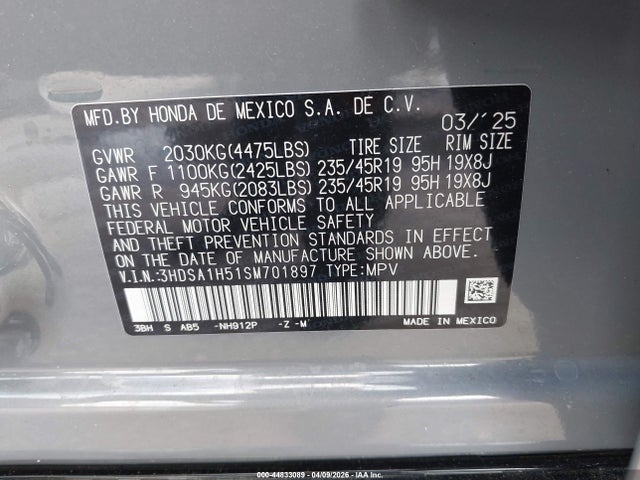 44833089 :رقم المزاد ، 3HDSA1H51SM701897 vin ، 2025 Acura Adx A-spec مزاد بيع