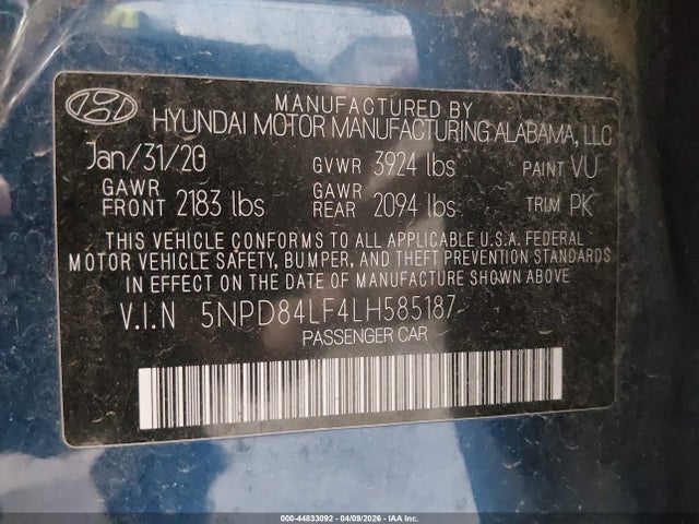 Продажа на аукционе авто 2020 Hyundai Elantra Sel, vin: 5NPD84LF4LH585187, номер лота: 44833092