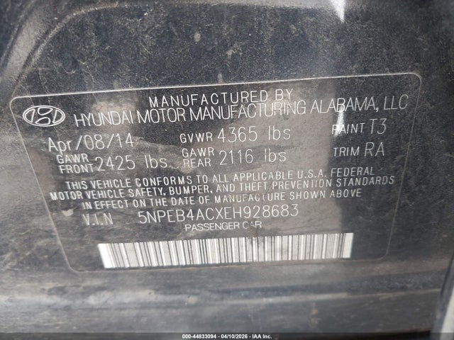 44833094 :رقم المزاد ، 5NPEB4ACXEH928683 vin ، 2014 Hyundai Sonata Gls مزاد بيع