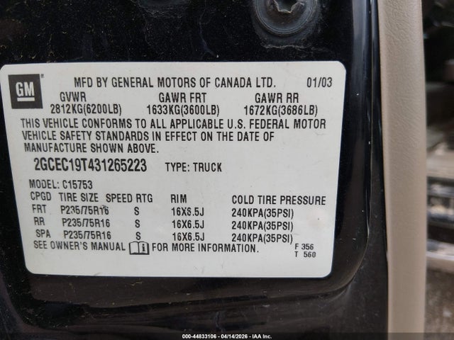 Продаж на аукціоні авто 2003 Chevrolet Silverado 1500 Ls, vin: 2GCEC19T431265223, номер лоту: 44833106