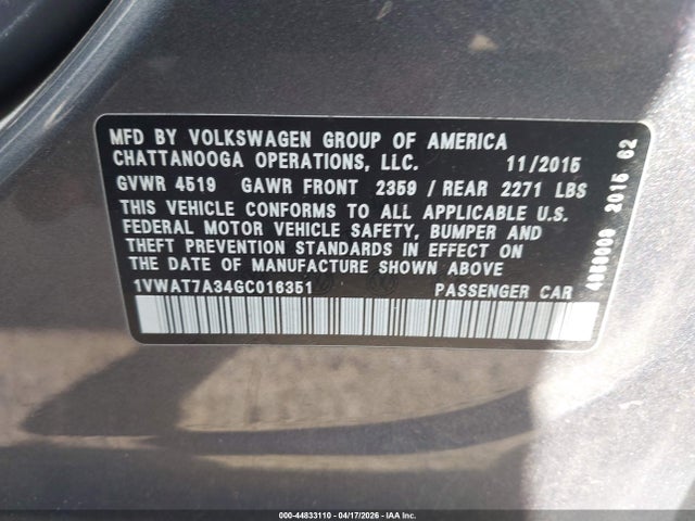 Продаж на аукціоні авто 2016 Volkswagen Passat 1.8t S, vin: 1VWAT7A34GC016351, номер лоту: 44833110