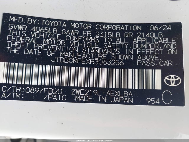 2024 Toyota Corolla Hybrid Le მანქანა იყიდება აუქციონზე, vin: JTDBCMFEXR3063256, აუქციონის ნომერი: 44833140