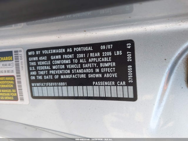 44833146 :رقم المزاد ، WVWFA71F58V016891 vin ، 2008 Volkswagen Eos Lux مزاد بيع