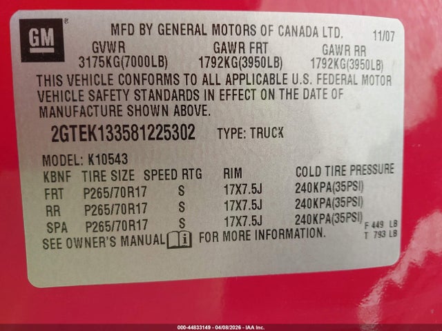 44833149 :رقم المزاد ، 2GTEK133581225302 vin ، 2008 Gmc Sierra 1500 Slt مزاد بيع