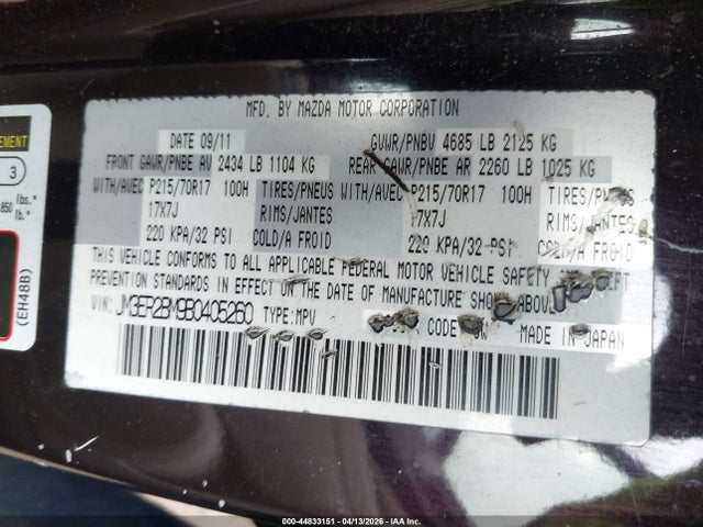 44833151 :رقم المزاد ، JM3ER2BM9B045260 vin ، 2011 Mazda Cx-7 I Sport مزاد بيع