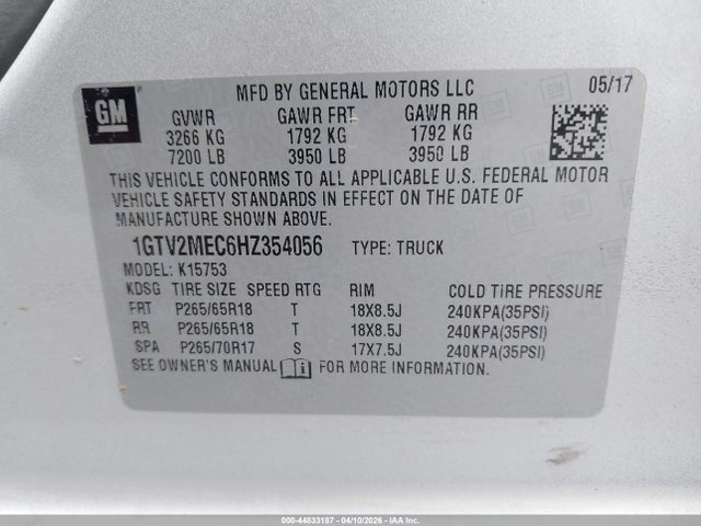 Aukcja sprzedaży 2017 Gmc Sierra 1500 Sle, vin: 1GTV2MEC6HZ354056, numer aukcji: 44833187