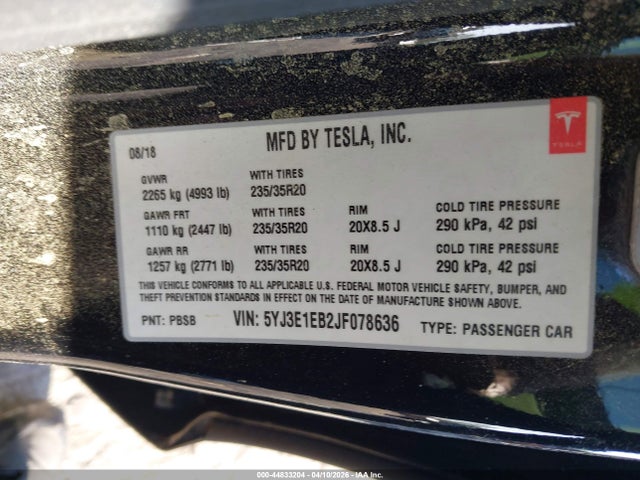 5YJ3E1EB2JF078636 Tesla Model 3 Long Range/performance