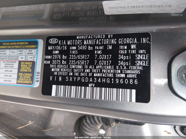 5XYPGDA34HG196086 KIA Sorento 2.4l Lx