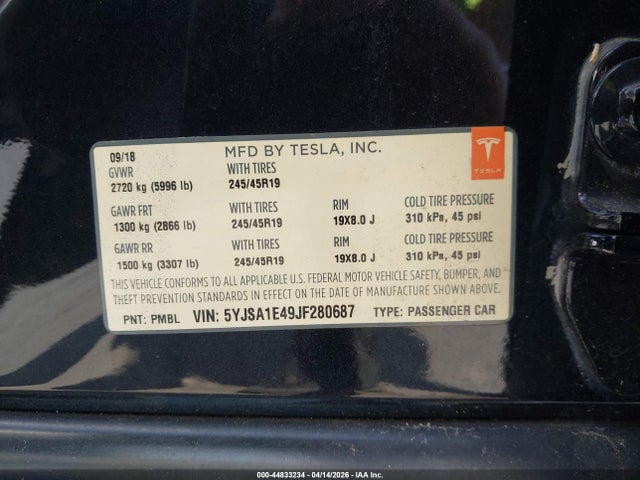 Продаж на аукціоні авто 2018 Tesla Model S 100d/75d/p100d, vin: 5YJSA1E49JF280687, номер лоту: 44833234