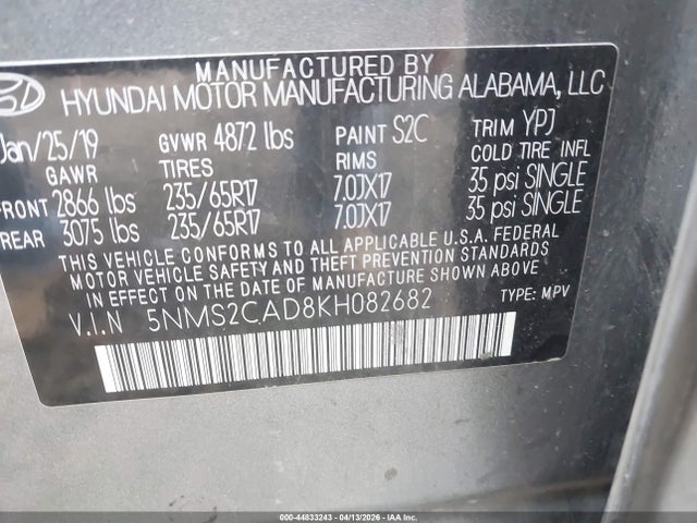 2019 Hyundai Santa Fe Se მანქანა იყიდება აუქციონზე, vin: 5NMS2CAD8KH082682, აუქციონის ნომერი: 44833243