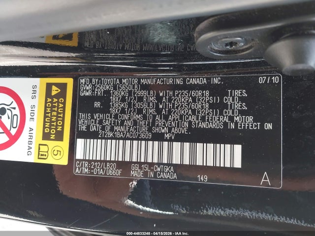 Auction sale of the 2010 Lexus Rx 350, vin: 2T2BK1BA7AC073609, lot number: 44833248