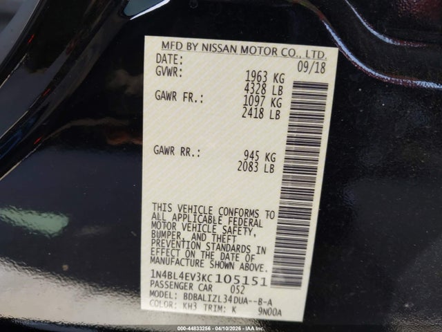 Продаж на аукціоні авто 2019 Nissan Altima 2.5 Sl, vin: 1N4BL4EV3KC105151, номер лоту: 44833256