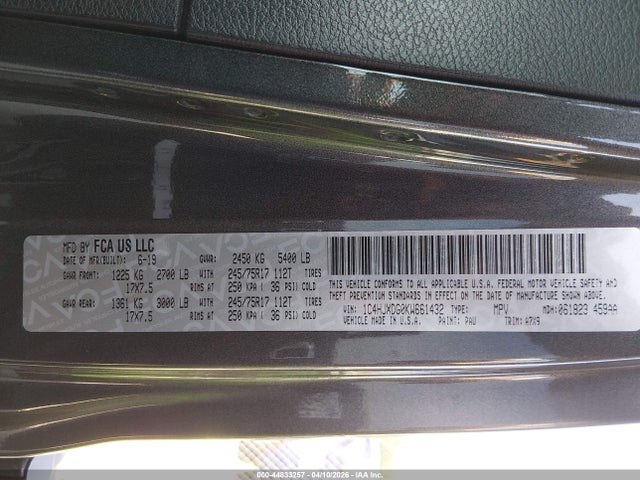 44833257 :رقم المزاد ، 1C4HJXDG0KW661432 vin ، 2019 Jeep Wrangler Unlimited Sport S 4x4 مزاد بيع