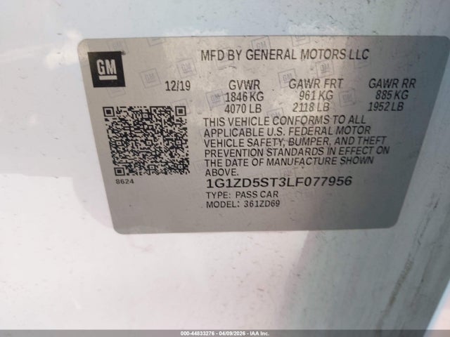 44833276 :رقم المزاد ، 1G1ZD5ST3LF077956 vin ، 2020 Chevrolet Malibu Fwd Lt مزاد بيع