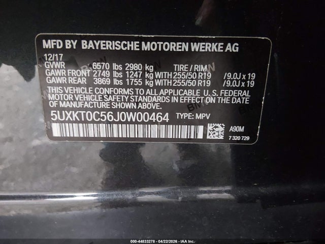 44833278 :رقم المزاد ، 5UXKT0C56J0W00464 vin ، 2018 Bmw X5 Edrive Xdrive40e Iperformance مزاد بيع
