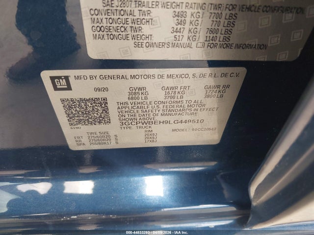3GCPWBEH9LG449510 Chevrolet Silverado 1500 2wd Short Bed Custom/2wd Standard Bed Custom