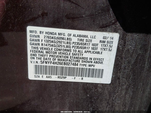 2014 Honda Pilot Lx მანქანა იყიდება აუქციონზე, vin: 5FNYF4H26EB027484, აუქციონის ნომერი: 44833294