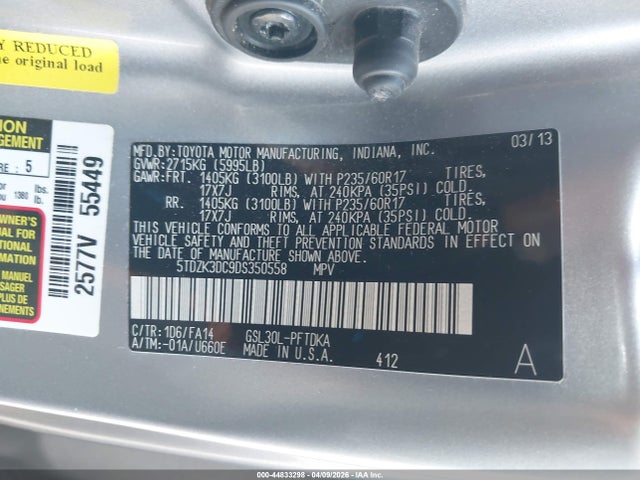 44833298 :رقم المزاد ، 5TDZK3DC9DS350558 vin ، 2013 Toyota Sienna L V6 7 Passenger مزاد بيع