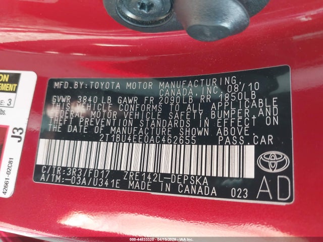 44833320 :رقم المزاد ، 2T1BU4EE0AC462655 vin ، 2010 Toyota Corolla S/le/xle مزاد بيع