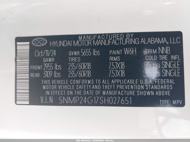 Aukcja sprzedaży 2025 Hyundai Santa Fe Hybrid Sel, vin: 5NMP24G17SH027651, numer aukcji: 44833322