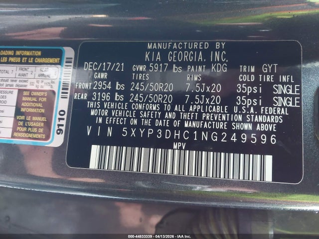 44833339 :رقم المزاد ، 5XYP3DHC1NG249596 vin ، 2022 Kia Telluride Ex مزاد بيع