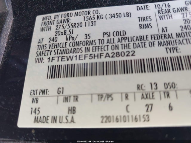Aukcja sprzedaży 2017 Ford F-150 Lariat, vin: 1FTEW1EF5HFA28022, numer aukcji: 44833344