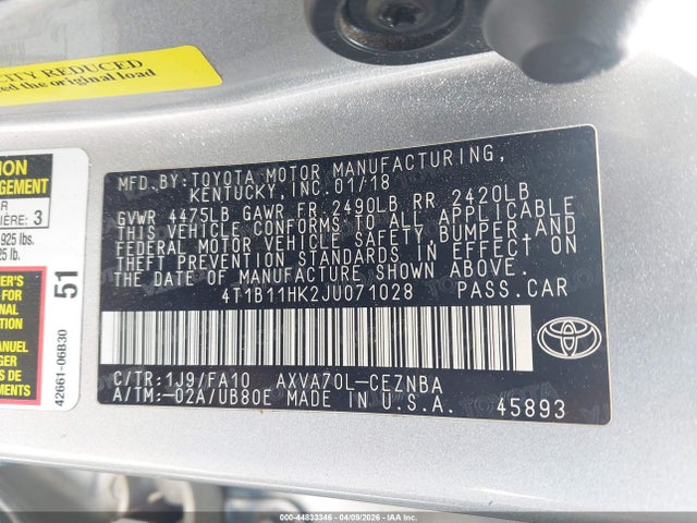 4T1B11HK2JU071028 Toyota CAMRY LE