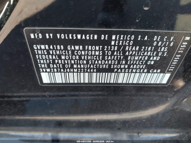 Aukcja sprzedaży 2017 Volkswagen Jetta 1.4t S, vin: 3VW2B7AJ6HM227444, numer aukcji: 44833350