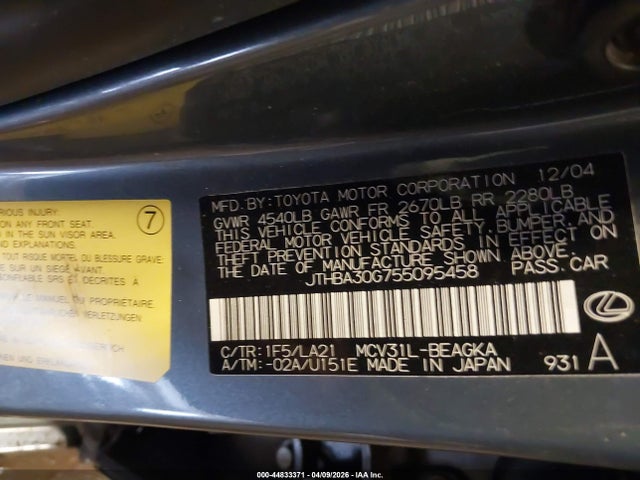Aukcja sprzedaży 2005 Lexus Es 330, vin: JTHBA30G755095458, numer aukcji: 44833371