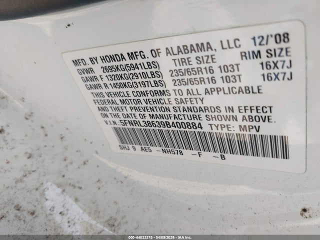 2009 HONDA ODYSSEY 5FNRL38639B400884 Photo 8