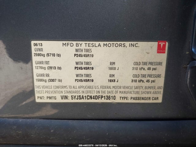 Aukcja sprzedaży 2013 Tesla Model S, vin: 5YJSA1CN4DFP13610, numer aukcji: 44833378