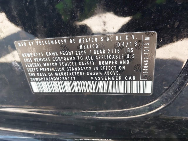 Продаж на аукціоні авто 2013 Volkswagen Jetta 2.5l Se, vin: 3VWDP7AJ9DM289747, номер лоту: 44833406