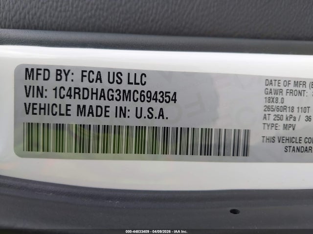 Продаж на аукціоні авто 2021 Dodge Durango Sxt Rwd, vin: 1C4RDHAG3MC694354, номер лоту: 44833409