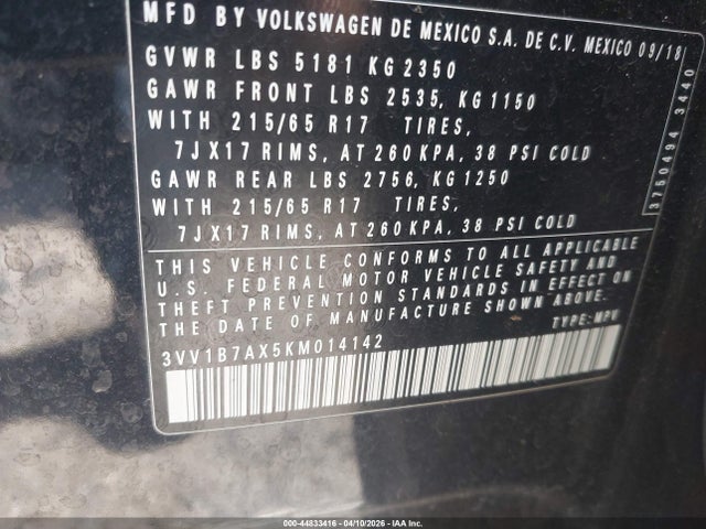 2019 Volkswagen Tiguan 2.0t S მანქანა იყიდება აუქციონზე, vin: 3VV1B7AX5KM014142, აუქციონის ნომერი: 44833416
