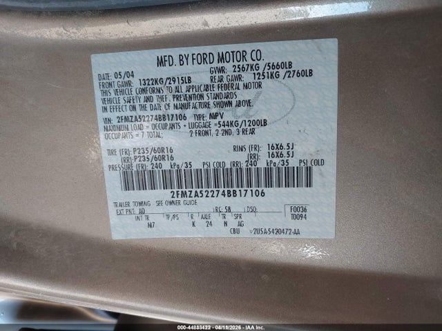 2004 Ford Freestar Sel მანქანა იყიდება აუქციონზე, vin: 2FMZA52274BB17106, აუქციონის ნომერი: 44833422