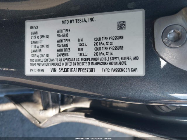 Продаж на аукціоні авто 2023 Tesla Model 3 Rear-wheel Drive, vin: 5YJ3E1EA1PF657391, номер лоту: 44833428