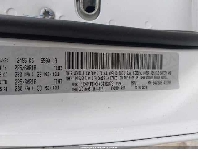 44833434 :رقم المزاد ، 1C4PJMDX5KD436073 vin ، 2019 Jeep Cherokee Limited 4x4 مزاد بيع