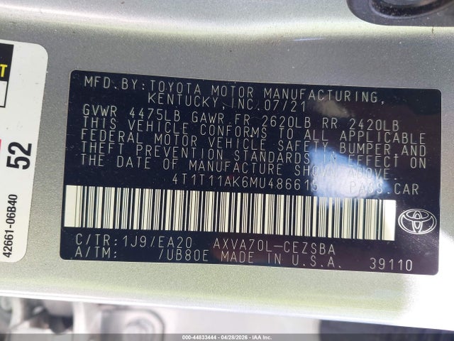 2021 Toyota Camry Se მანქანა იყიდება აუქციონზე, vin: 4T1T11AK6MU486615, აუქციონის ნომერი: 44833444
