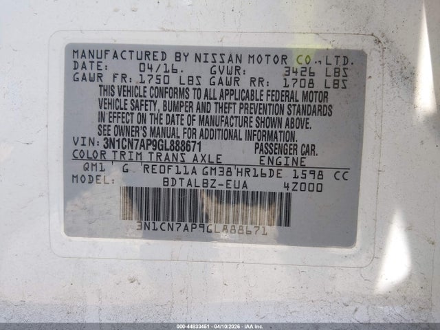 3N1CN7AP9GL888671 Nissan Versa 1.6 S/1.6 S+/1.6 Sl/1.6 Sv