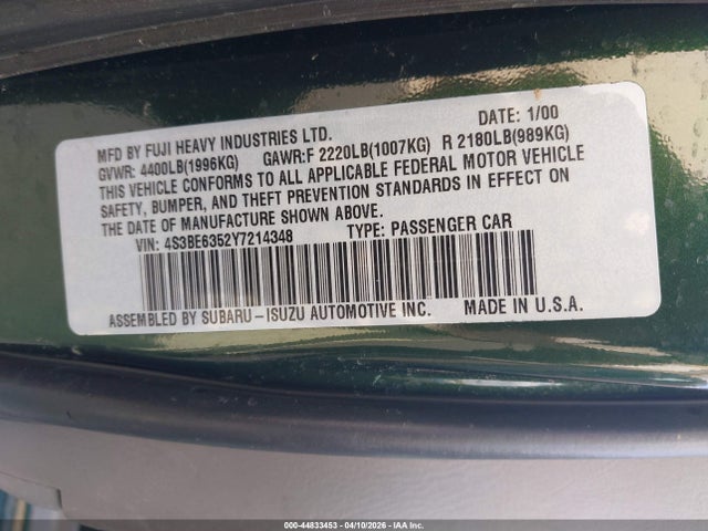 2000 Subaru Legacy L მანქანა იყიდება აუქციონზე, vin: 4S3BE6352Y7214348, აუქციონის ნომერი: 44833453