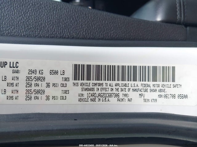 44833455 :رقم المزاد ، 1C4RDJAG2DC687306 vin ، 2013 Dodge Durango Sxt مزاد بيع