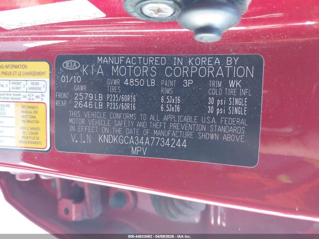 44833462 :رقم المزاد ، KNDKGCA34A7734244 vin ، 2010 Kia Sportage Lx V6 مزاد بيع