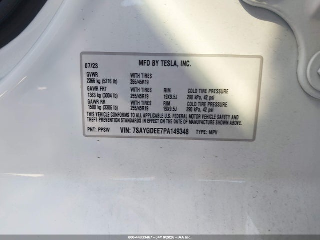 Продаж на аукціоні авто 2023 Tesla Model Y Awd/long Range Dual Motor All-wheel Drive, vin: 7SAYGDEE7PA149348, номер лоту: 44833467