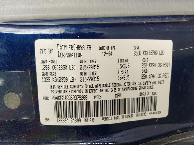 Продажа на аукционе авто 2005 Dodge Grand Caravan Se, vin: 2D4GP24R95R379269, номер лота: 44833481