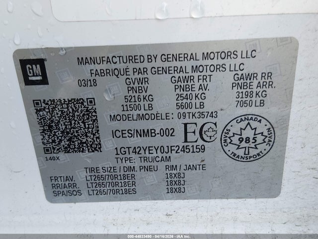 2018 Gmc Sierra 3500hd Denali მანქანა იყიდება აუქციონზე, vin: 1GT42YEY0JF245159, აუქციონის ნომერი: 44833490
