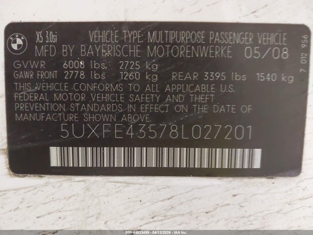 Продажа на аукционе авто 2008 Bmw X5 3.0si, vin: 5UXFE43578L027201, номер лота: 44833499